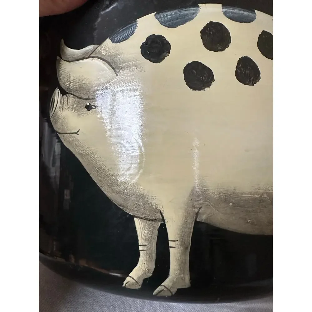 Emma Hunk Hand Painted Enamel Pot PIGS, 2000 vintage black Gold Handles 6.5x10”